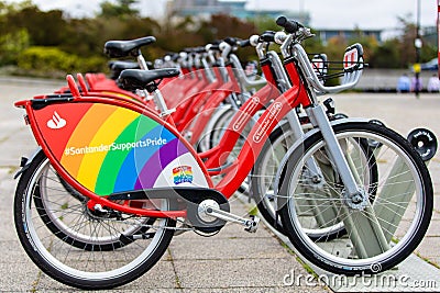 Santander cycles show support to the LGBT Pride MK Event in Milton Keynes Editorial Stock Photo