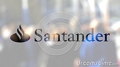 Santander Serfin logo on a glass against blurred crowd on the steet. Editorial 3D rendering Editorial Stock Photo