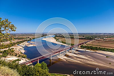 Santarem, Portugal. Ponte Dom Luis I Bridge, Tagus River and Leziria Stock Photo