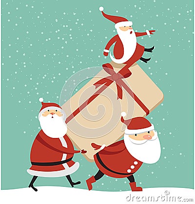 Santas with huge gift box Vector Illustration