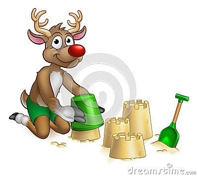 Santas Reindeer Beach Sand Castles Cartoon Vector Illustration