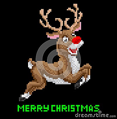 Santas Reindeer Christmas Pixel Art Vector Illustration