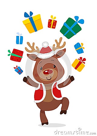 Santas Reindeer Rudolph and Gifts. Vector illustrations of Reindeer Rudolf Isolated on White Background Vector Illustration