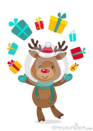 Santas Reindeer Rudolph and Gifts. Vector illustrations of Reindeer Rudolf Isolated on White Background Vector Illustration