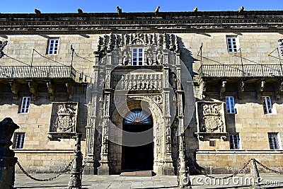 Catholic Monarchs Hospital, Santiago de Compostela, Spain. Plateresque style facade at Plaza del Obradoiro close to Cathedral. Stock Photo