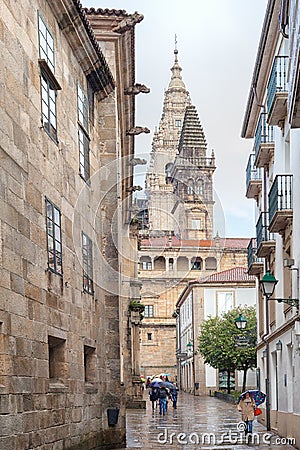 Tourists watching old town Obradoiro Square near Santiago de Compostela Editorial Stock Photo