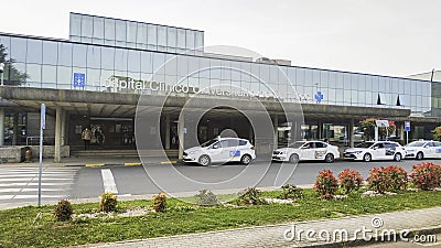 Santiago de Compostela-Spain. Main entrance of the Santiago University Clinical Hospital CHUS Editorial Stock Photo