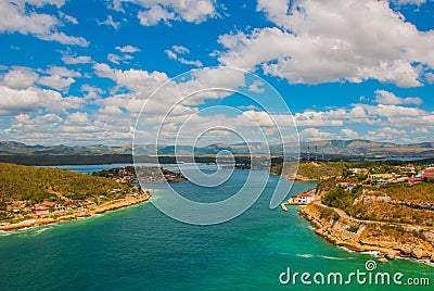 Santiago de Cuba, Cuba: Panoramic view of Santiago de Cuba bay entrance. Beautiful turquoise color of the water Stock Photo