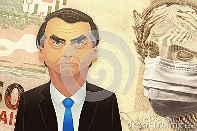 Santo AndrÃ©/SÃ£o Paulo/Brazil - April 10, 2020: Brazilian president, Jair Bolsonaro, in front of a masked BRL banknote face Editorial Stock Photo