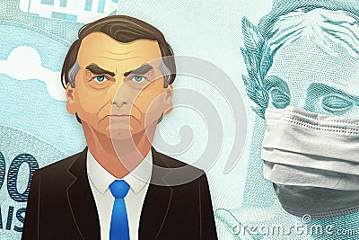 Santo AndrÃ©/SÃ£o Paulo/Brazil - April 10, 2020: Brazilian president, Jair Bolsonaro and masked BRL banknote face Editorial Stock Photo