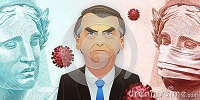 Santo AndrÃ©/SÃ£o Paulo/Brazil - April 11, 2020: Brazilian president Jair Bolsonaro with viruses and brazilian real banknote faces Editorial Stock Photo