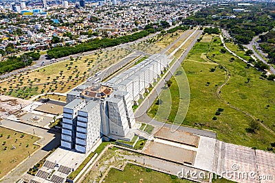 Santo Domingo, Dominican Republic - March, 2020: Aerial Drone view of famous Christopher Columbus lighthouse building in Santo Editorial Stock Photo