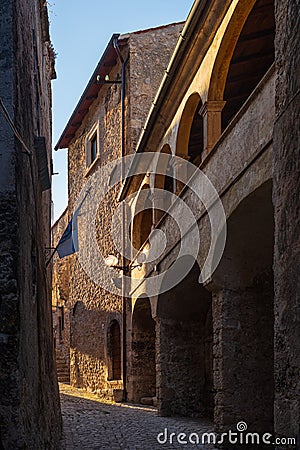 Santo Stefano di Sessanio medieval village details, historical stone buildings, ancient alley, old city stone architecture. Stock Photo