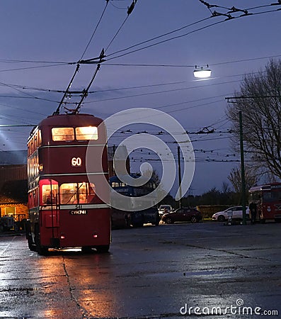 Santoft trolley bus museum, Santoft, Lincolnshire, UK. , November 2023. Night event with vehicles running and full lighting. Editorial Stock Photo