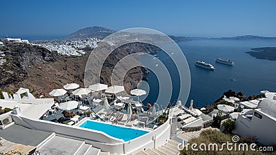 Santorini architectural detail and panoramic view on Fira and Oia town in summer traveling time Editorial Stock Photo