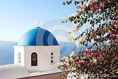 Santorini classic blue dome church. Greece. Stock Photo