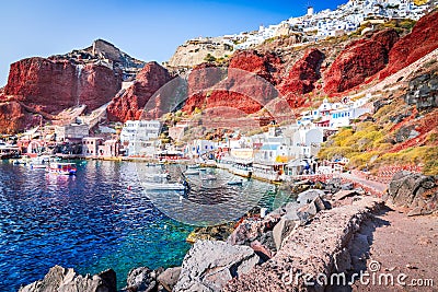 Santorini, Greece. Charming small port of Ammoudi, scenic Oia in Cyclades Stock Photo