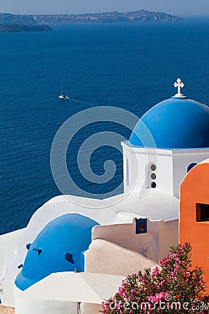 Santorini, Greece. Church of Santorini, mediterranean sea and sky Stock Photo