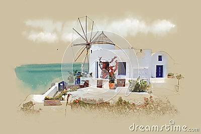 Santorini, Greece, old postcard. Watercolor sketch. Sepia. graphics on old paper Stock Photo