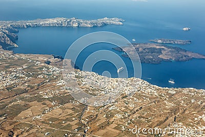 Santorini island holidays in Greece travel traveling Fira Thera town Mediterranean Sea aerial photo view Santorin Stock Photo
