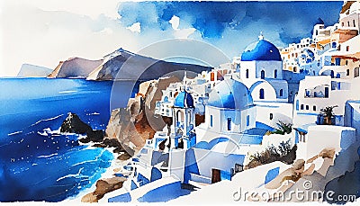 Santorini Greece watercolour Stock Photo