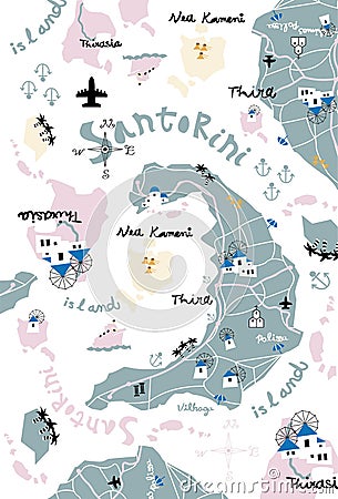 Santorini map Cartoon Illustration