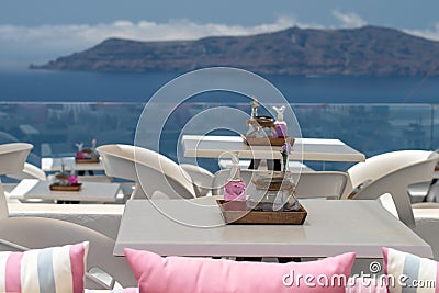 Santorini restaurant detail on Fira and Oia town in summer traveling time Editorial Stock Photo