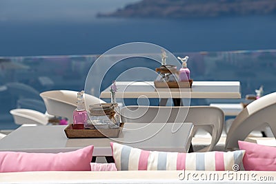 Santorini restaurant detail on Fira and Oia town in summer traveling time Editorial Stock Photo