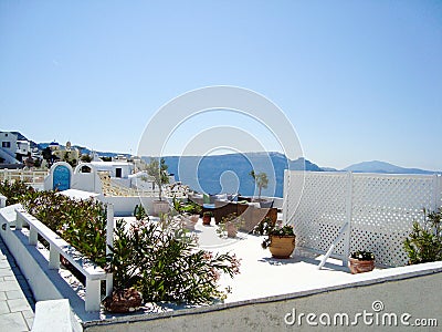 Santorini sea view of romantic terrace Stock Photo