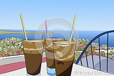 Cold coffee frappe on the background of the sea panorama Vector Illustration