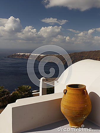 Santorini Island Hotel Terrace View Stock Photo