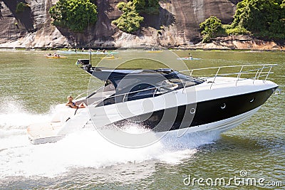 Luxury boat sailing in Santos Bay Editorial Stock Photo
