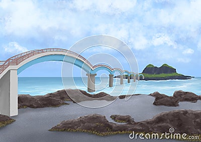Sanxiantai island, landscape of sand and rock beach with arch bridge in Taitung, Taiwan Cartoon Illustration