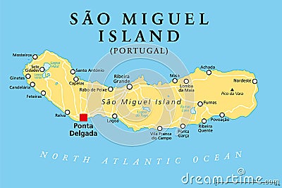 Sao Miguel Island, Azores, Portugal, political map, The Green Island Vector Illustration