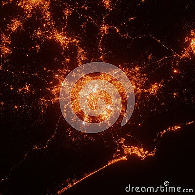 Sao Paolo city lights map, top view from space. Aerial view on night street lights. Global networking, cyberspace Stock Photo