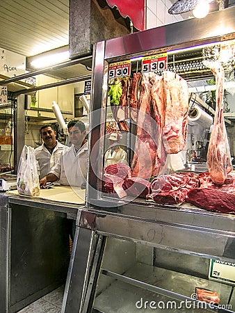 Meat processing in Municipal Market, Sao Paulo, Brazil Editorial Stock Photo