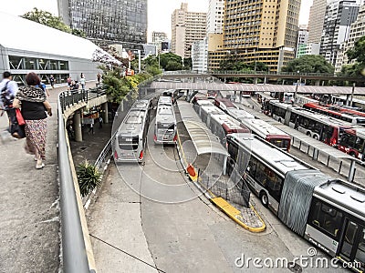 Bus and passenger movement of the Bandeira Bus Terminal, Editorial Stock Photo