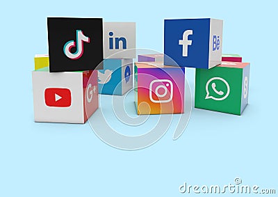 Sao Paulo, Brazil - October 4, 2022: 3D Illustration A collection of cubes with printed logos of world famous social networks and Editorial Stock Photo