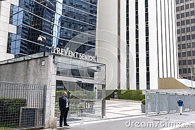 Facade of Prevent Senior building; Health Insurance operator Prevent Senior clinic on Paulista Avenue Editorial Stock Photo