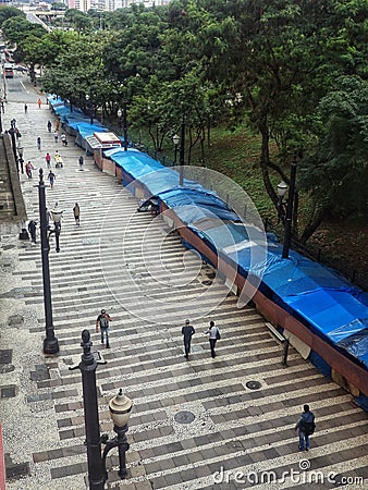 Sao Paulo downtown close to Pateo do Colegio, Se station and Sao Bento street. Raining and slow movement on the streets. Editorial Stock Photo