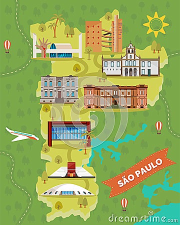 Sao Paulo map with famous landmarks. Brazil places Vector Illustration