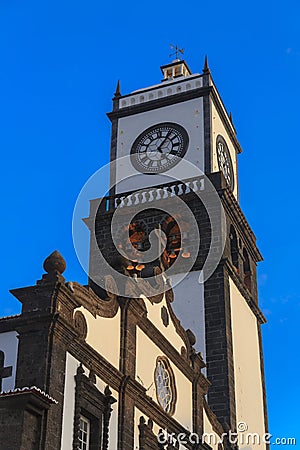 Sao Sebastiao church tower with clock in Ponta Delgada, Sao Miguel island Stock Photo