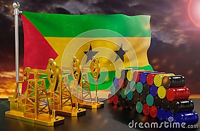 The Sao Tome and Principe's petroleum market. Oil pump made of gold and barrels of metal. The concept of oil production. Stock Photo