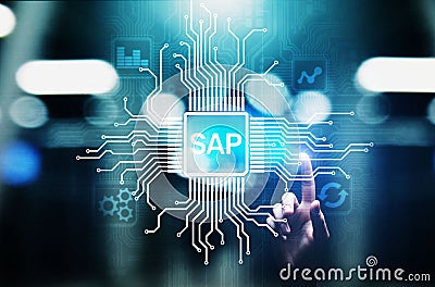 SAP - Business process automation software. ERP enterprise resources planning system concept on virtual screen. Stock Photo