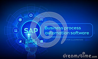 SAP Business process automation software. ERP enterprise resources planning system concept on virtual screen. Robotic hand Cartoon Illustration