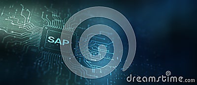 SAP Integration Concept with Data Flow and Business Solutions, Visualized Through a Chip and Technology Infrastructure Stock Photo