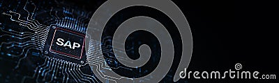 SAP System Analysis and Program Development Streamlining Business Processes Illustrated on a Processor Touched by a Human Hand Stock Photo