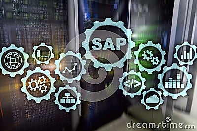 SAP System Software Automation concept on virtual screen data center. Stock Photo