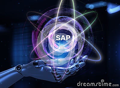SAP Systems Applications and Products Illustrated with a Robot Hand Pressing a Button on a Virtual Screen. 3D render Stock Photo