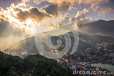 Sapa Town before Sunset from Ham Rong mountain. Stock Photo